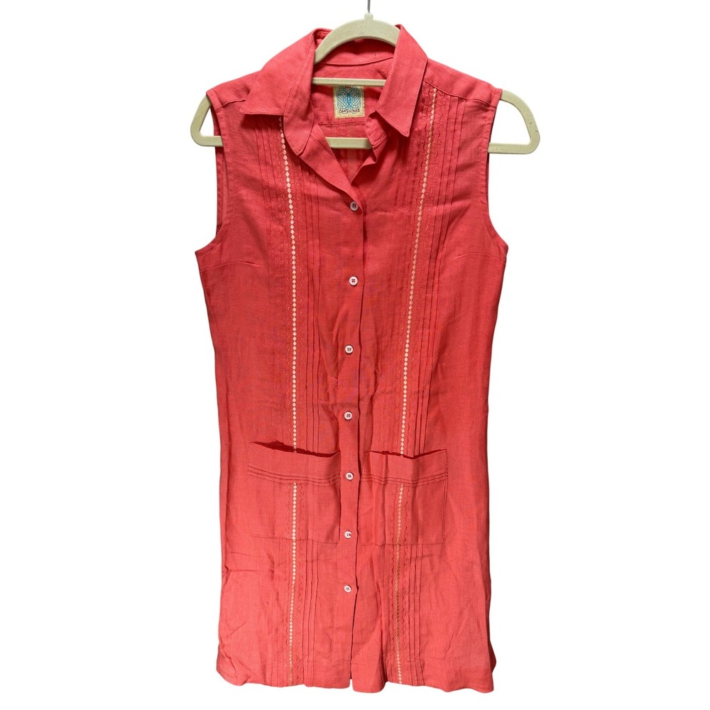 Dos Carolinas Dress Women XS Coral Linen Guayabera Shift Sleeveless Pintuck